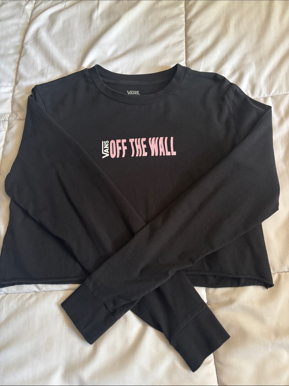 Vans Black Cropped Long Sleeve with Pink 'Off The Wall' Logo